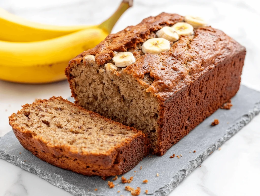 Freshly baked 2 banana bread recipe, with a golden brown crust, soft moist interior, and banana slices on top, served on a slate board with ripe bananas in the background.