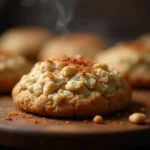 A freshly baked oatmeal cookie topped with a crumbly texture, lightly sprinkled with cinnamon, and steaming slightly, placed on a wooden surface with a blurred background of additional cookies.