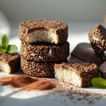 Stack of chocolate rice cakes with a bite taken out of one, surrounded by cocoa powder, mint leaves, and a soft white backdrop.