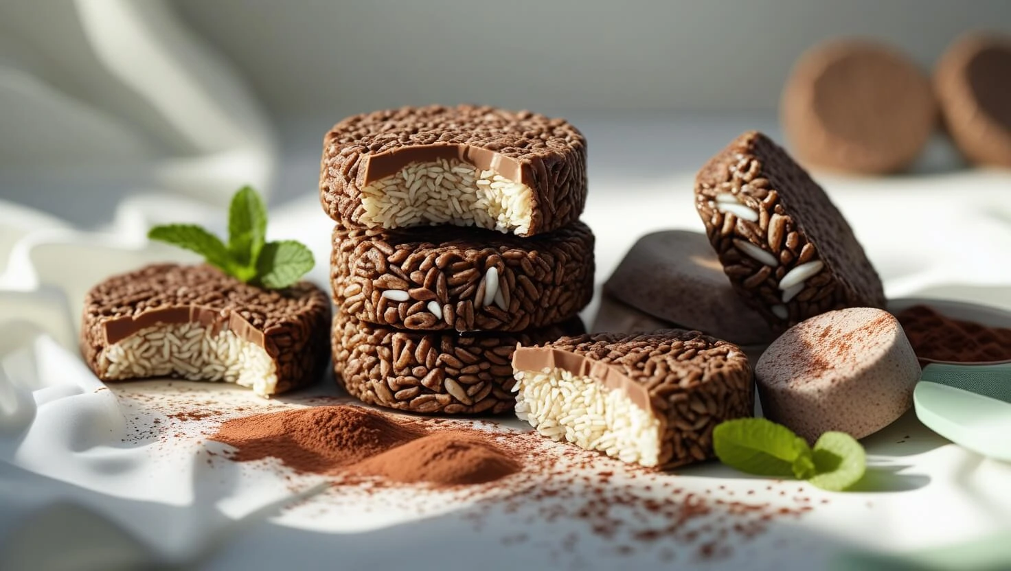 Stack of chocolate rice cakes with a bite taken out of one, surrounded by cocoa powder, mint leaves, and a soft white backdrop.