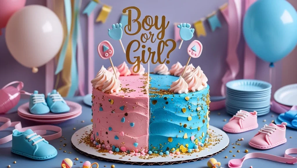 A two-tiered gender reveal cake with pink and blue ombre frosting, topped with the words "Boy or Girl?" and decorated with gold stars, pearls, and pastel buttercream roses.