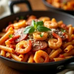 A vibrant skillet of shrimp and sausage meat pasta garnished with fresh basil leaves and grated Parmesan cheese. The dish features tender shrimp, smoky sausage slices, and al dente pasta coated in a rich tomato-based sauce.