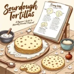 Illustration of sourdough tortillas stacked on a wooden board with a recipe book open, surrounded by ingredients like flour, salt, and butter, showcasing a cozy kitchen setting.